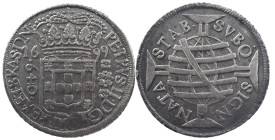Brazil
D. Pedro II (1683-1706)
640 Réis 1699 Rio of Janeiro
AG: 24.01 18.64 g
Good Very Fine