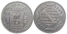 Brazil
D. Maria I and D. Pedro III (1777-1786)
320 Réis 1780 Lisbon
AG: 13.01 8.57 g
Good Very Fine