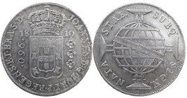 Brazil
D. João Prince Regent (1799-1816)
960 Réis 1810 Rio of Janeiro
restrike above 8 Reales Espanha
AG: 29.02 26.72 g
About XF