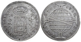 Brazil
D. João Prince Regent (1799-1816)
960 Réis 1814 Rio of Janeiro
restrike above 8 Reales Espanha
AG: 29.14 26.56 g
Good Very Fine