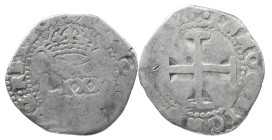 Portugal
D. Afonso VI (1656-1667)
4 Vinténs Lisbon
Inedit obverse legend in this type : … REX.POR
AG: 21.NC 2.97 g
About Fine
