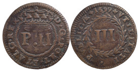 Portugal
D. Pedro II (1683-1706)
3 reais Lisbon 1699
AG: 05.01 5.06 g
Fine