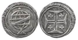 Portugal
D. João V (1706-1750)
Vintém of sphere
AG: 41.01 0.68 g
About Very Fine. Restrike above another vintém of sphere.