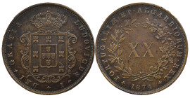 Portugal
D. Luís I (1861-1889)
20 Réis Lisbon 1874
'4' with foot
AG: 06.06 26.75 g
XF (Beautiful patina)