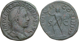 Severus Alexander (222-235). AE Sestertius, 223 AD. Obv. IMP ALEXANDER PIVS AVG. Laureate bust right, slight drapery on far shoulder. Rev. PM TR P II ...