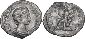 Julia Mamaea (died 235 AD). AR Denarius, Rome mint, 225-235. Obv. IVLIA MAMAEA AVG. Diademed and draped bust right. Rev. FELICITAS PVBLICA. Felicitas,...