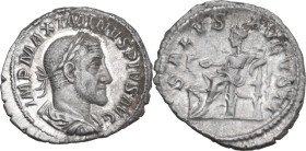 Maximinus I (235-238). AR Denarius, 235-236. Obv. IMP MAXIMINVS PIVS AVG. Laureate, draped and cuirassed bust right. Rev. SALVS AVGVSTI. Salus seated ...