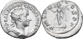 Gordian III (238-244 AD). AR Denarius, 239 AD. Obv. IMP CAES M ANT GORDIANVS AVG. Radiate, draped and cuirassed bust right. Rev. P M TR P II COS P P. ...