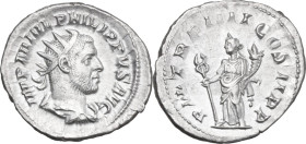 Philip I (244-249). AR Antoninianus, Antioch mint, 247 AD. Obv. IMP M IVL PHILIPPVS AVG. Radiate, draped and cuirassed bust right. Rev. PM TR P IIII C...