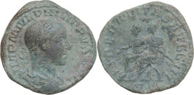 Philip II (244-249). AE Sestertius, Rome mint, 246-249. Obv. IMP M IVL PHILIPPVS AVG. Laureate, draped and cuirassed bust right. Rev. LIBERALITAS AVGG...