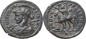 Probus (276-282). BI Antoninianus, Cyzicus mint, 277 AD. Obv. VIRTVS PROBI AVG. Radiate, helmeted and cuirassed bust left, holding spear over shoulder...