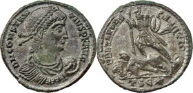 Constantius II (337-361). AE Follis, 348-350 AD. Thessalonica mint. Obv. D N CONSTANTIVS P F AVG. Diademed, draped and cuirassed bust right, holding g...