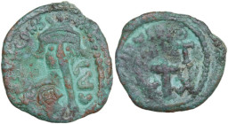 Constans II (641-668). AE Half Follis, Carthage mint. Obv. Bust facing, wearing consular robes and crown with trefoil ornament, holding mappa and glob...