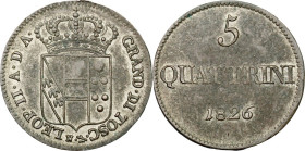 Firenze. Leopoldo II di Lorena (1824-1859). 5 quatttrini 1826. CNI 11. MIR 463/1. Gal. XXI,1. . MI. 3.44 g. 23.5 mm. RR. Debolezze da conio. Bel BB.