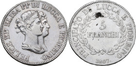 Lucca e Piombino. Elisa Bonaparte e Felice Baciocchi (1805-1814). 5 franchi 1807. CNI 10; MIR (Toscana, zecche) 244/3. AG. 37 mm. R. Difetti da conio ...
