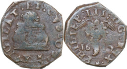 Napoli. Filippo III (1598-1621). Tornese 1617 FM. Magliocca 75/1. AE. 4.98 g. 23 mm. RR. qBB.