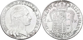 Napoli. Ferdinando IV (1759-1799). Piastra 1795. AR. 27.51 g. 40 mm. Con cartellino De Falco. SPL.