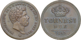Napoli. Ferdinando II (1830-1859). 2 tornesi 1843. Mont. 1106. MIR 528/3. AE. 6.1 g. 24 mm. SPL+.