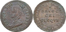 Roma. Pio VI (1775-1799), Giovanni Angelo Braschi. Madonnina da 5 baiocchi 1797. D/ * / BAIOC / CHI / CINQVE. R/ Busto della Madonna volto a sinistra;...