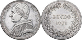 Roma. Gregorio XVI (1831-1846). Scudo 1838 A. VIII. Pag. 396. Mont. 130. AG. 26.93 g. 37.5 mm. RRR. Ottima conservazione per il tipo. SPL/SPL+.