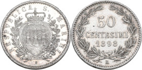 San Marino. Vecchia Monetazione (1864-1938). 50 centesimi 1898. Pag.369. AG. 2.5 g. 18 mm. qFDC/FDC.