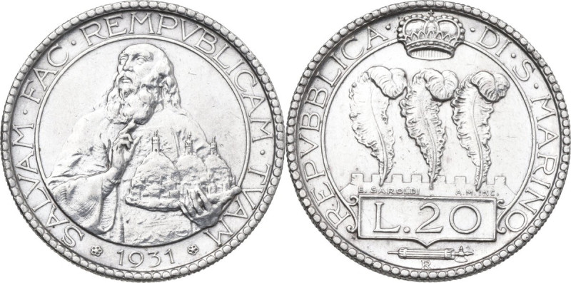 San Marino. Vecchia Monetazione (1864-1938). 20 lire 1931. Pag. (decimali) 342. ...