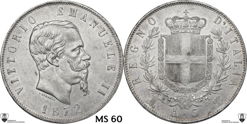 Vittorio Emanuele II (1861-1878). 5 Lire 1872 Milano. Pag. (decimali) 494. AG. 2...