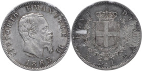Vittorio Emanuele II (1861-1878). Lira 1863 M. Pag. (decimali) 514. AG. Periziata Cavaliere. qFDC.