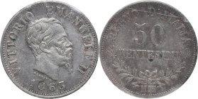 Vittorio Emanuele II (1861-1878). 50 centesimi 1863 M. Pag. (decimali) 527; MIR (Savoia) 1087e. AG. Periziata cavaliere. qFDC.