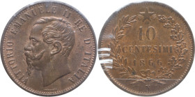 Vittorio Emanuele II (1861-1878). 10 centesimi 1866 Napoli. Pag. (decimali) 542. CU. Rame rosso. Periziata da Cavaliere. qFDC.