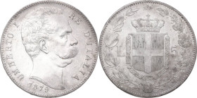 Umberto I (1878-1900). 5 lire 1879. Pag. (decimali) 590; MIR (Savoia) 1100a. AR. 25 g. 37 mm. Bella patina riposata. qSPL.