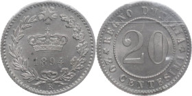 Regno di Italia. Umberto I (1878-1900). 20 centesimi 1894 Roma. Pag. (decimali) 610. AG. NC. Periziata Cavaliere. Errore di conio al rovescio. qFDC.