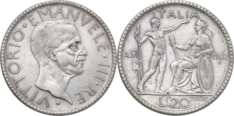 Vittorio Emanuele III (1900-1943). 20 lire 1927 A. VI. Pag. (decimali) 672; MIR ...