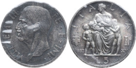 Vittorio Emanuele III (1900-1943). 5 lire 1937. Pag. (decimali) 720. AG. R. Periziata Cavaliere. SPL/qFDC.