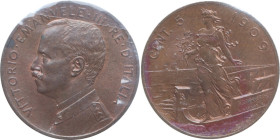 Regno di Italia. Vittorio Emanuele III (1900-1943). 5 centesimi 1909. Pag. (decimali) 893; MIR (Savoia) 1163b. AE. NC. Rame rosso. Periziata Cavaliere...