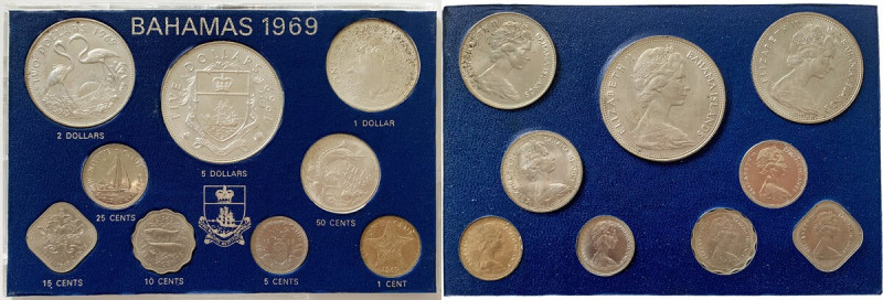 Bahamas. Mint set 1969: 5 dollars, 2 dollars, 1 dollar, 50 cents, 25 cents, 15 c...