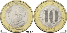 China. 10 Yuan 2016, Year of the Monkey. Encapsulated by Classical Coin Grading MS 67 Prooflike.
