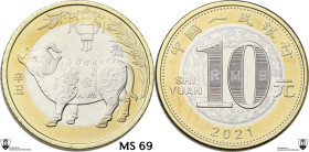 China. 10 Yuan 2021, Year of the Ox. Encapsulated by Classical Coin Grading MS 69 Prooflike.