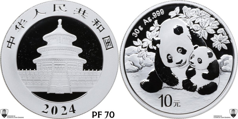 China. 10 Yuan 2023, Panda series. AR. 29.88 g. 40 mm. Encapsulated by Classical...