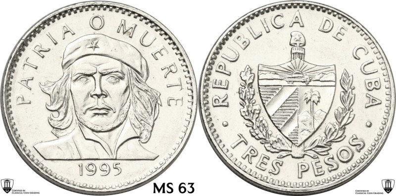 Cuba. 3 Pesos 1995, Che Guevara 'Patria o muerte'. Encapsulated by Classical Coi...