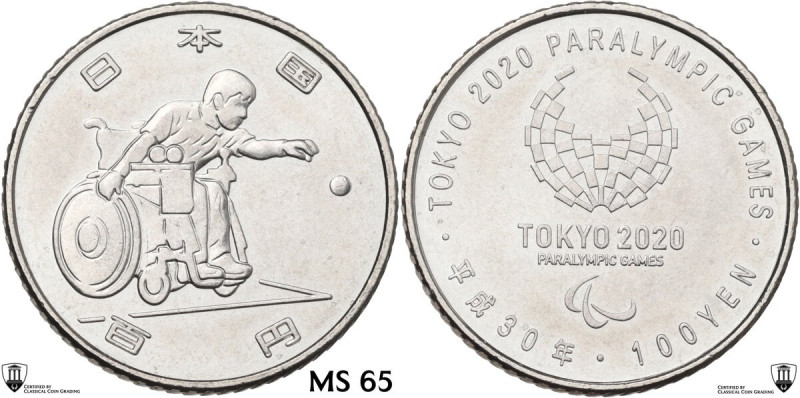 Japan. Heisei (1989-2019). 100 Yen, year 30 (2018), Tokyo 2020 Parolimpics, Bocc...