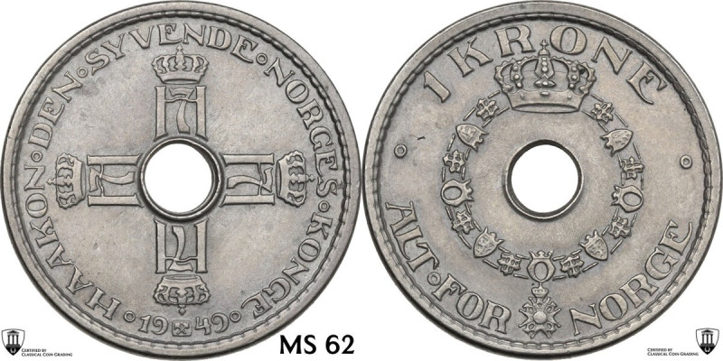 Norway. Haakon VII (1905-1957). CU/NI 20 krone 1949. KM 385. AU. 6.96 g. 25 mm. ...