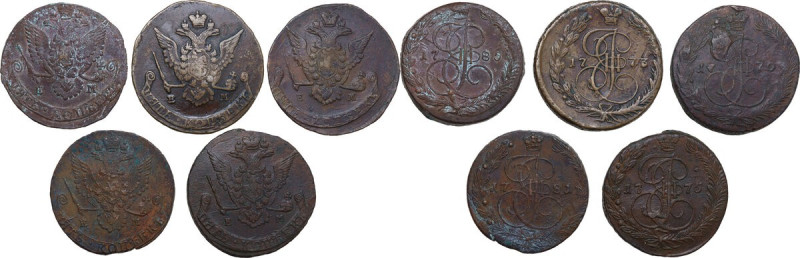 Russia. Lot of five (5) AE 5 kopeks coins: 1770, 1773, 1775, 1781, 1785. AE.