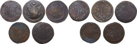 Russia. Lot of five (5) AE 5 kopeks coins: 1770, 1773, 1775, 1781, 1785. AE.