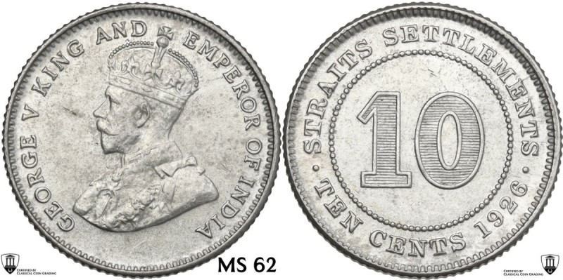 Straits Settlements. George V (1910-1936). AR 10 Cents 1926, London mint. KM 29b...