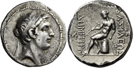 Tetradrachm, ”Antiochia on the Persian Gulf” mint circa 161-150, AR 27 mm, 15.73 g. Diademed head of Demetrius I r. Fillet border. Rev. BAΣΙΛΕΩΣ – ΔHM...