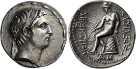 Tetradrachm, Susa circa 161-150, AR 27 mm, 16.92 g. Diademed head of Demetrius I r. Fillet border. Rev. [B]AΣΙΛΕΩΣ – ΔHMHTPIOY Apollo seated l. on omp...