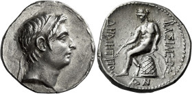 Tetradrachm, Susa circa 161-150, AR 27 mm, 16.83 g. Diademed head of Demetrius I r. Fillet border. Rev. BAΣΙΛΕΩΣ – ΔHMHTPIO[Y] Apollo seated l. on omp...