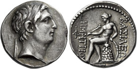 Tetradrachm, Susa circa 161-150, AR 25 mm, 16.91 g. Diademed head of Demetrius I r. Fillet border. Rev. BAΣΙΛΕΩ[Σ] – ΔHMHTPIO[Y] Apollo seated l. on o...