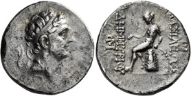 Tetradrachm, uncertain Southeastern mint circa 161-150, AR 28 mm, 16.34 g. Diademed head of Demetrius I r. Rev. [B]AΣΙΛΕΩΣ – ΔHMHTPIOY Apollo seated l...